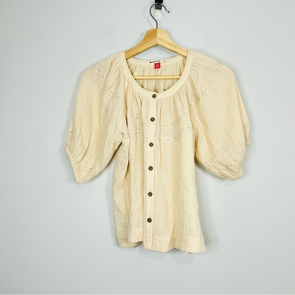 Marine Layer Wren Puff Sleeve Top Cream Button-Up Blouse size xsmall - Picture 2 of 5